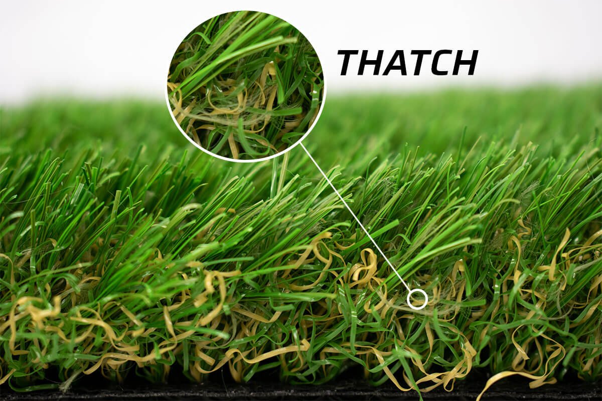 Artificial Grass thatch fibers highlighted with closeup overlay