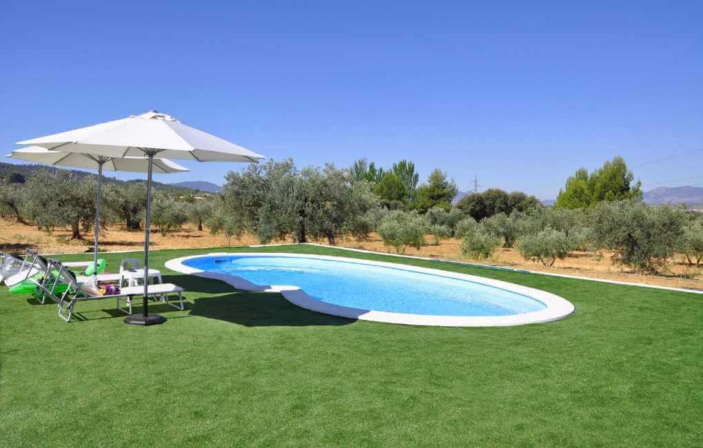 Artificial turf around swimming pool in Texas backyard