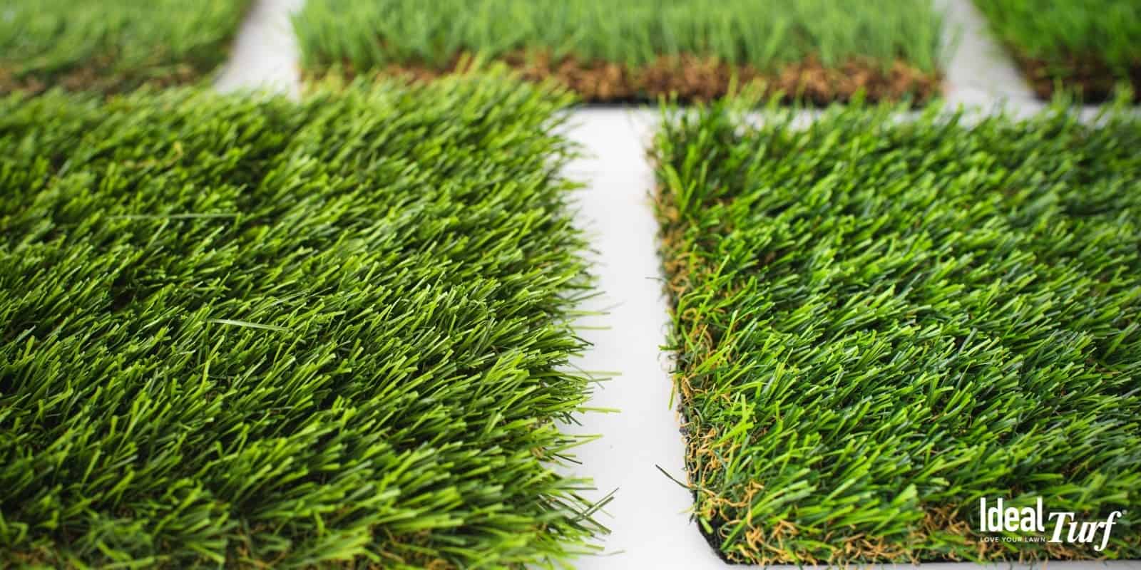 Samples of turf products that appear lush and full on white background