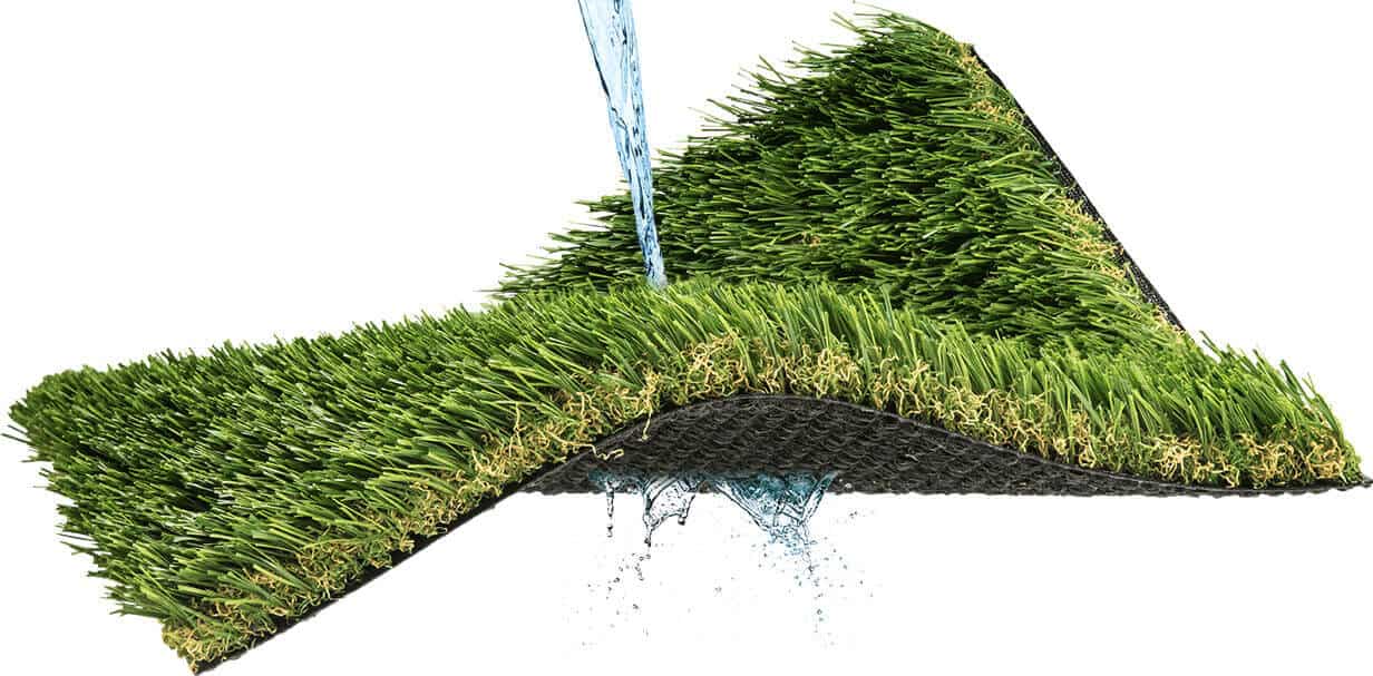 Water being poured onto turf product sample with water beginning to drain through the backing